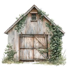 an old wooden barn with ivy growing on it's roof and door, painted in watercolor