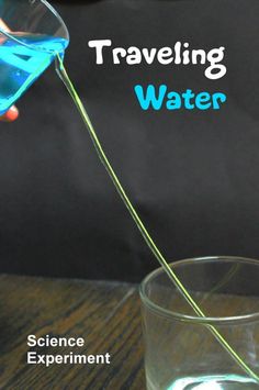 someone is pouring blue liquid into a glass with the words traveling water in front of them