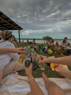 several people are sitting on the grass and having drinks at an outdoor gathering by the beach