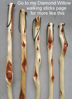 five different types of sticks are lined up in a row with the words go to my diamond willow walking sticks page for more like this