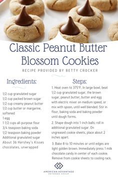 the recipe for classic peanut butter blossom cookies