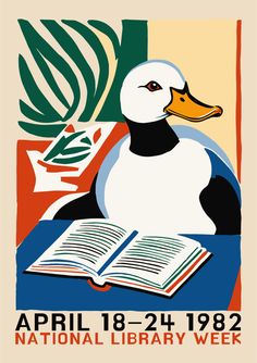 a poster for the national library week with a duck and an open book on it