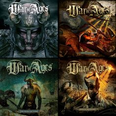 four different album covers with an image of a man in armor on the front and back