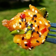 a piece of food that is on top of a fork