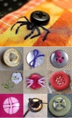 buttons are arranged in different colors and sizes, including one with a spider on it