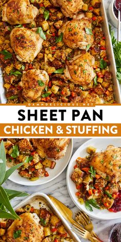 A Thanksgiving side dish idea and Thanksgiving entree in one! Everyone will love these chicken thighs baked with bread stuffing. This Sheet Pan Chicken and Stuffing
 is also great as a Christmas dinner recipe! Sheet Pan Chicken And Stuffing, Classic Casseroles, Chicken Thighs Baked, Damn Delicious Recipes, Chicken And Stuffing, Sheet Pan Chicken, Sheet Pan Suppers, Pan Dinners, Baked Chicken Thighs