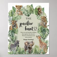 a card with the words'the wildlife hunt'surrounded by jungle leaves and wild animals