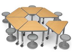 several tables and stools arranged in the shape of hexagonal shapes with wheels