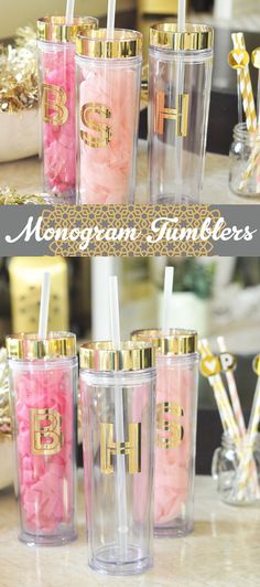 pink and gold monogrammed tumblers with straws on the top are shown