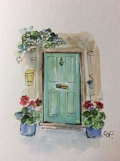 a watercolor painting of a green door with potted plants