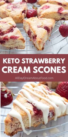 keto strawberry cream scones on a wire rack with strawberries