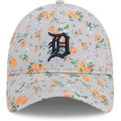 Women's Detroit Tigers New Era Gray Bouquet 9TWENTY Adjustable Hat Multicolor Floral Print Hats For Spring, Multicolor Floral Print Spring Hats, Spring Multicolor Floral Print Hats, Spring Floral Print Cap, Casual Floral Print Spring Hats, Casual Hat With Curved Brim And Floral Print, Casual Floral Print Hat With Curved Brim, Spring Floral Print Hat With Curved Brim, Gray Bouquet