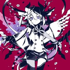 an anime character with wings and blood splatters on her body, standing in front of a red background