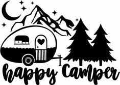 the happy camper logo is shown with trees and mountains in black on a white background