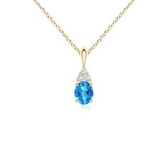 Set in 14k yellow gold is an oval Blue Topaz adorned with three sparkling round diamonds on the top. They are secured in a prong setting and hang from a lustrous V bale. The immensely brilliant diamonds add to the luxury of this stunning Blue Topaz solitaire pendant. Blue Topaz Pendant, Swiss Blue Topaz, Solitaire Pendant, Brilliant Diamond, 18k Rose Gold, Prong Setting, Blue Topaz, Round Diamonds, Topaz