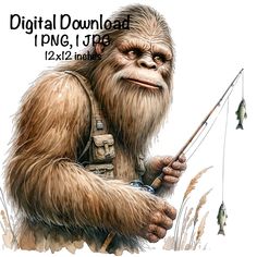 a drawing of a bigfoot holding a fishing rod