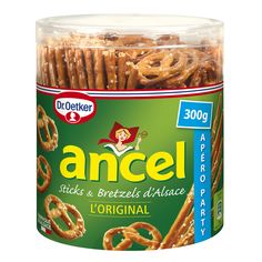 ancel pretzels in a plastic container on a white background