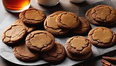 chocolate cookies on a plate with cinnamons next to it and two glasses of tea