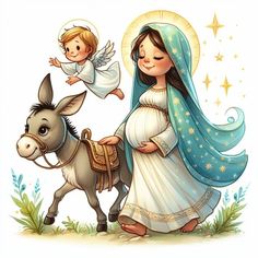 a baby jesus riding on the back of a donkey next to an angel and star