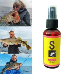 a man holding a fish next to a bottle of fishing oil and another photo of the same person