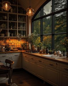 a kitchen filled with lots of counter top space next to a window covered in potted plants