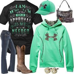 Click on the links below the image to buy each item or for more info. Click on the links below to buy each item or for more info. I Am Who I Am Shirt Under Armo Sweatshirt Dress Outfit, Outfit Boots, Boots Country, Camo Girl