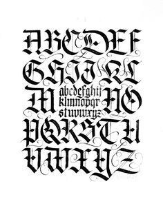 the upper and lower case of an old english alphabet, in black ink on white paper