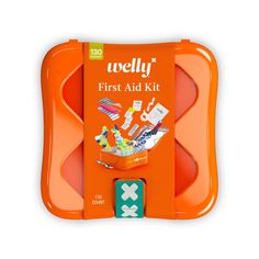 an orange first aid kit with instructions on it