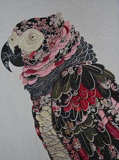 a painting of a colorful bird on a white background with black and pink accents,