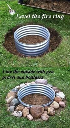 an image of a fire pit made out of metal tubs and gravel in the grass