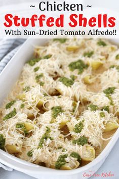 These Chicken Stuffed Shells with ricotta and sun-dried tomato alfredo are always a hit at dinnertime. Drizzled with a little pesto and topped with even more cheese, they make the perfect dinner. #dinner #pasta #italianfood #alfredo #sundriedtomato #stuffedshells Cheese Stuffed Pasta Shells, Chicken Stuffed Shells, Sundried Tomato Chicken, Stuffed Shells Ricotta, Shells Recipe, Chicken Stuffed