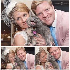 a man and woman holding a cat in front of their wedding party photos with hats on