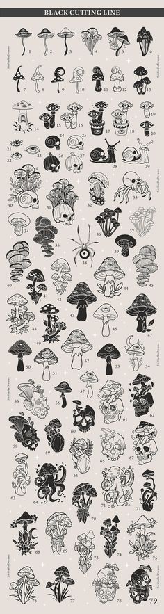 an illustrated poster with many different types of objects in black and white, including mushrooms