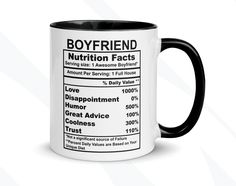 a black and white coffee mug with the words boyfriend fact on it's side