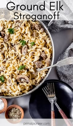 a skillet filled with ground elk stroganoni