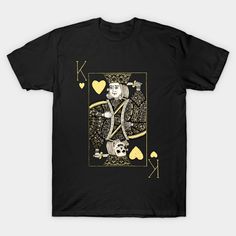 a black t - shirt with gold foil on the front and an image of a king of hearts