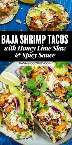 the recipe for this grilled shrimp tacos with honey lime slaw and spicy sauce