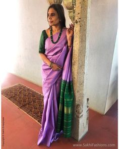 Lavender Color Saree Contrast Blouse, Lavender Silk Saree With Contrast Blouse, Lavender Saree Blouse Combination, Lavender Saree Contrast Blouse, Lavender Silk Saree, Indian Poses, Traditional Dresses Indian, Saree Combination