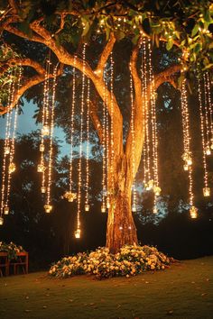 a tree with lights hanging from it's branches and flowers around the base is lit up at night