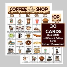 the coffee shop card game is shown in two different colors and font, with an image of