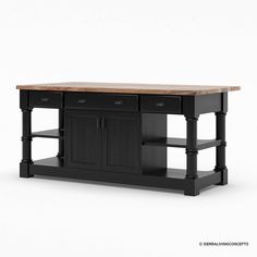 a black kitchen island with two drawers and an open shelf on one side, in front of a white background