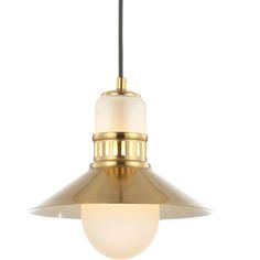 a brass colored light hanging from a ceiling