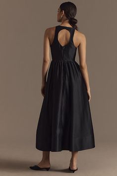 The BHLDN Cora Halter Back-Cutout Fit & Flare Satin Midi Dress combines a sleek halter neckline with a bold back cutout and a flattering fit-and-flare silhouette, offering a modern yet timeless look for any special occasion. | Cora Halter Back-Cutout Fit & Flare Satin Midi Dress by BHLDN in Black, Women's, Size: Largearge, Polyester/Satin at Anthropologie Anthro Wedding, Little Black Dresses, Wedding Sale, Satin Midi Dress, Polyester Satin, Halter Neckline, Black Fits, Black Dresses, Black Midi Dress