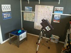 a tripod is set up in front of a map