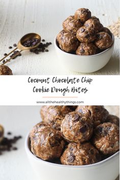 coconut chocolate chip cookie dough bites in a bowl