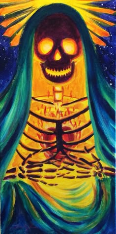 a painting of a skeleton with glowing eyes