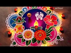 colorful rangdili with candles and flowers on it