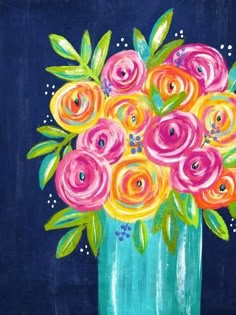 a painting of pink and yellow flowers in a green vase on a blue background with white dots