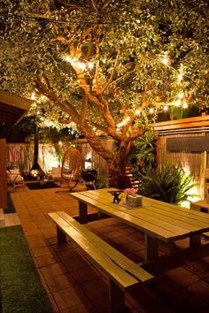 a wooden table under a large tree with lights on it's branches and some plants