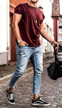 Ripped Jeans Outfit, White Jeans Men, Jeans Outfit Casual, Hipster Mens Fashion, Outfit Jeans, Mens Fashion Casual Outfits